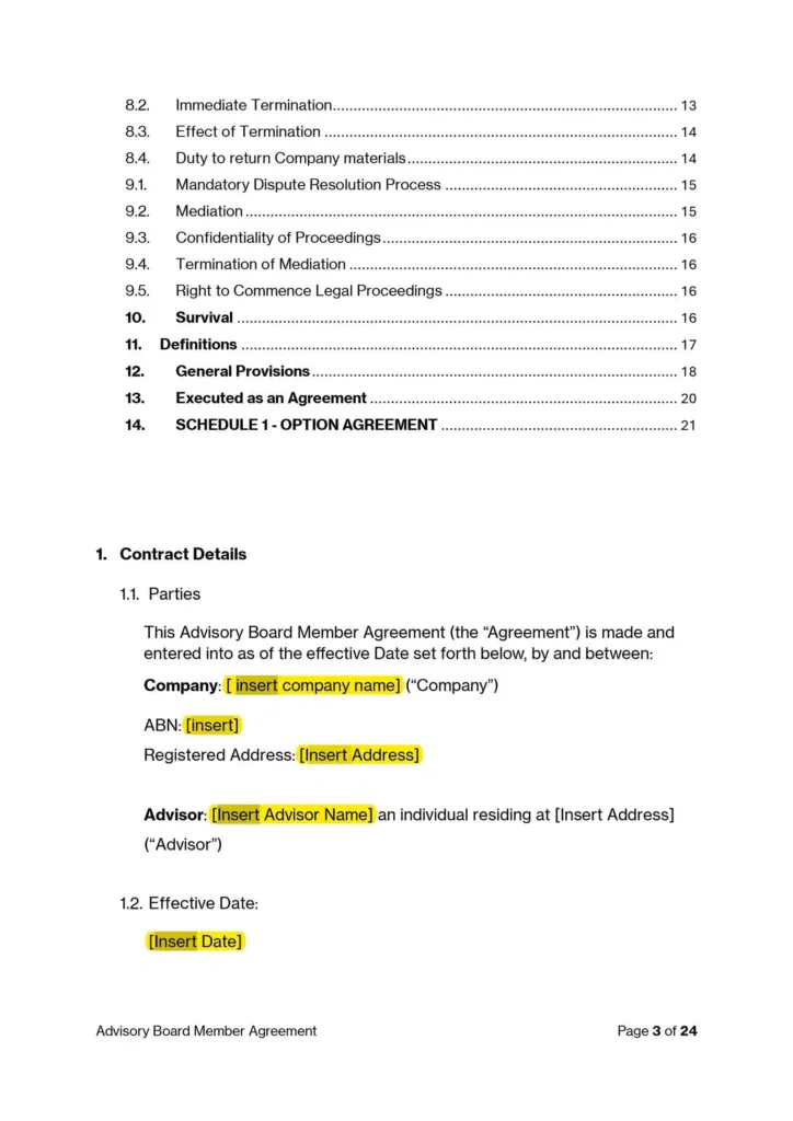 Advisory Board Agreement Template: Contract details, parties, effective date.