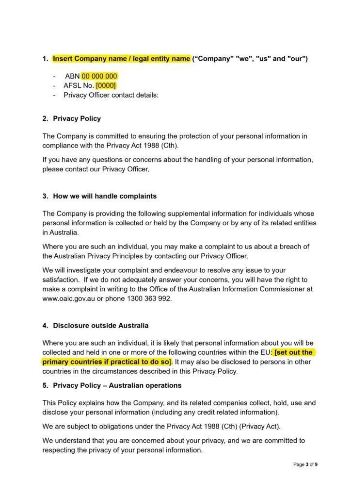 Privacy Policy Template (Australia + GDPR): a document outlining privacy commitments and compliance with Australian and GDPR regulations.