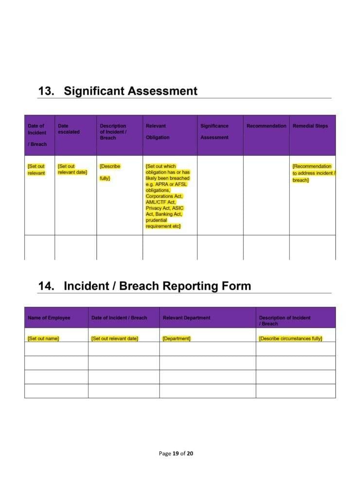 Breach Reporting Policy Template (APRA & ASIC): Document outlining significant assessment and incident/breach reporting form.