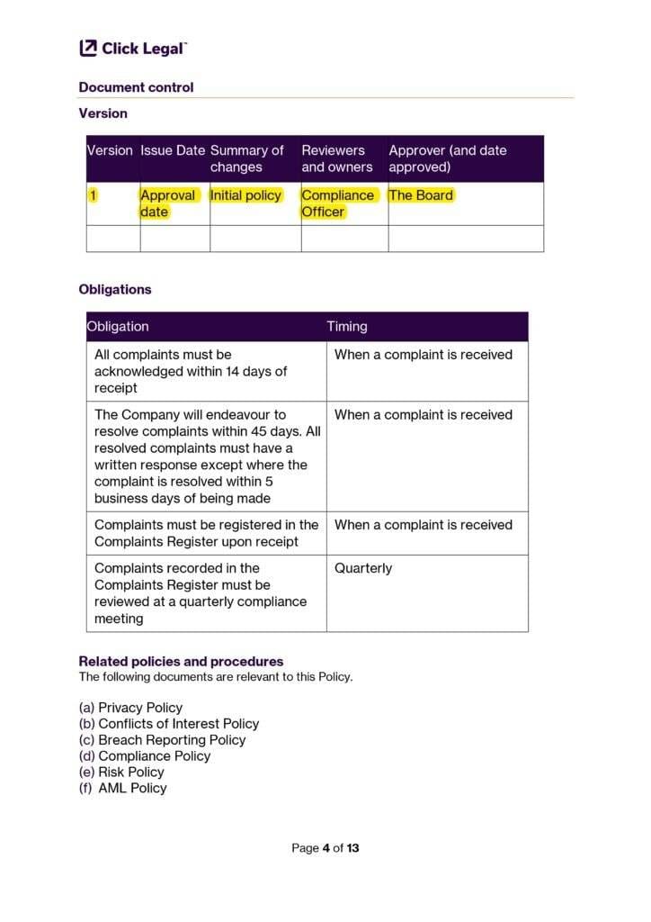 Complaints Handling Policy (AFSL & ACL) document control, version history, obligations, related policies and procedures.