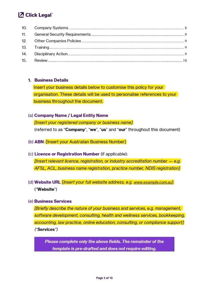 Cybersecurity Policy Template (Australia): Business details section for customization.
