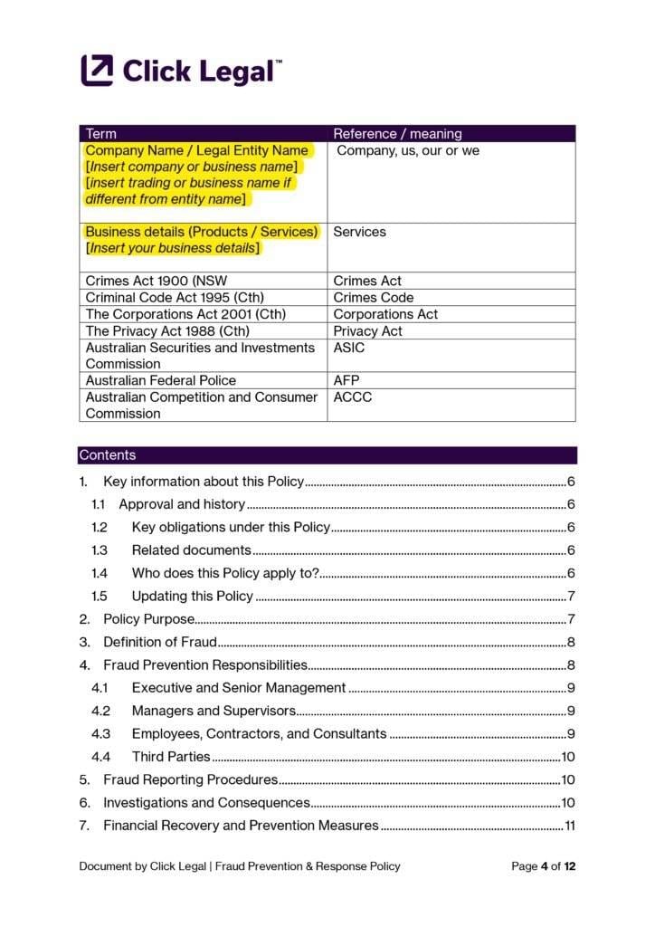 Fraud Prevention & Response Policy Template (Australia): OCR of key terms, definitions, and contents page.