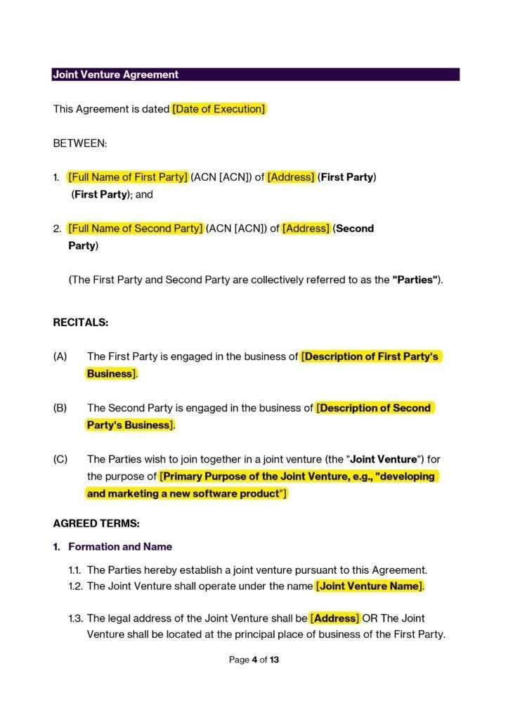Joint Venture Agreement Template (Australia) document preview with highlighted sections