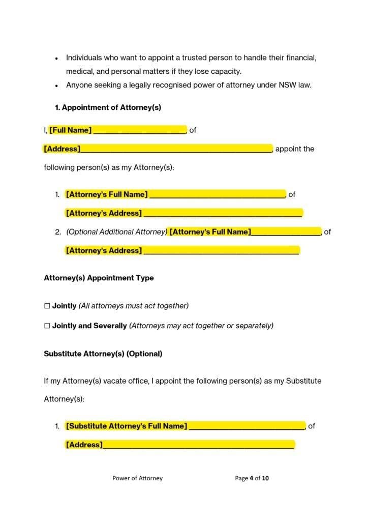 Power of Attorney Template (NSW): Page 4, appointment of attorney section, fillable form.