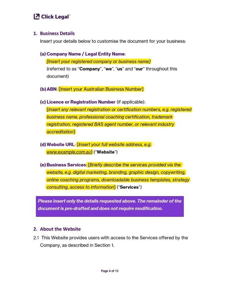 Click Legal Website Terms & Conditions Template (Australia): Customisable business details section.