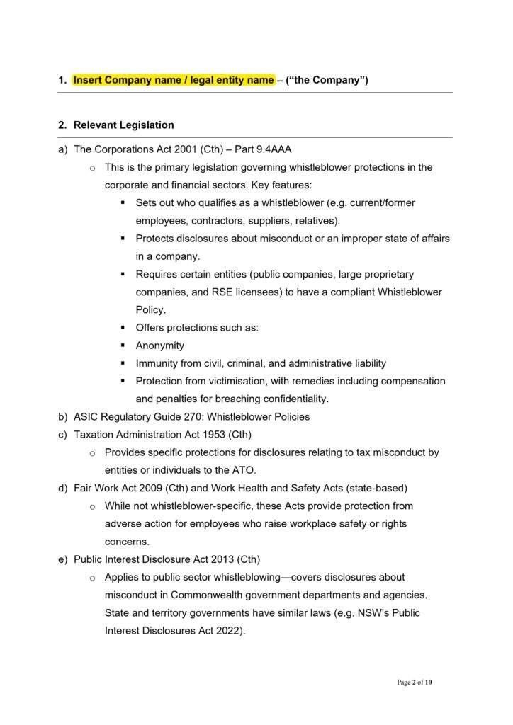 Whistleblower Policy Template (Australia): Relevant legislation regarding whistleblower protection in corporate and financial sectors.