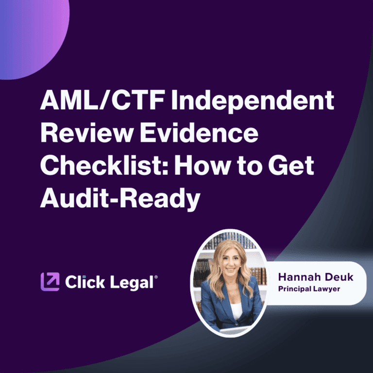 AML/CTF Independent Review checklist graphic with Hannah Deuk, Principal Lawyer at Click Legal.
