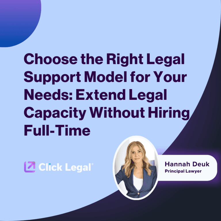 Click Legal graphic: Extend legal capacity without full-time hiring. Features Hannah Deuk, Principal Lawyer.