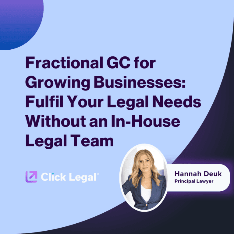 Fractional GC services ad featuring Hannah Deuk, Principal Lawyer at Click Legal. Text: 