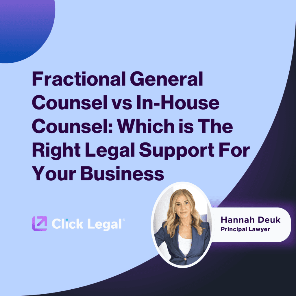 Fractional vs In-House Counsel graphic featuring Hannah Deuk, Principal Lawyer at Click Legal.