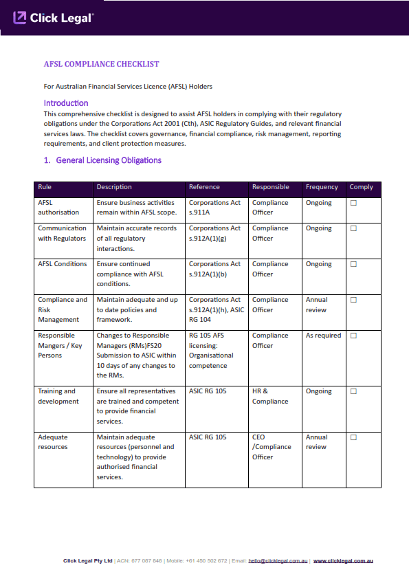 Page 1 of AFSL Compliance Checklist by Click Legal