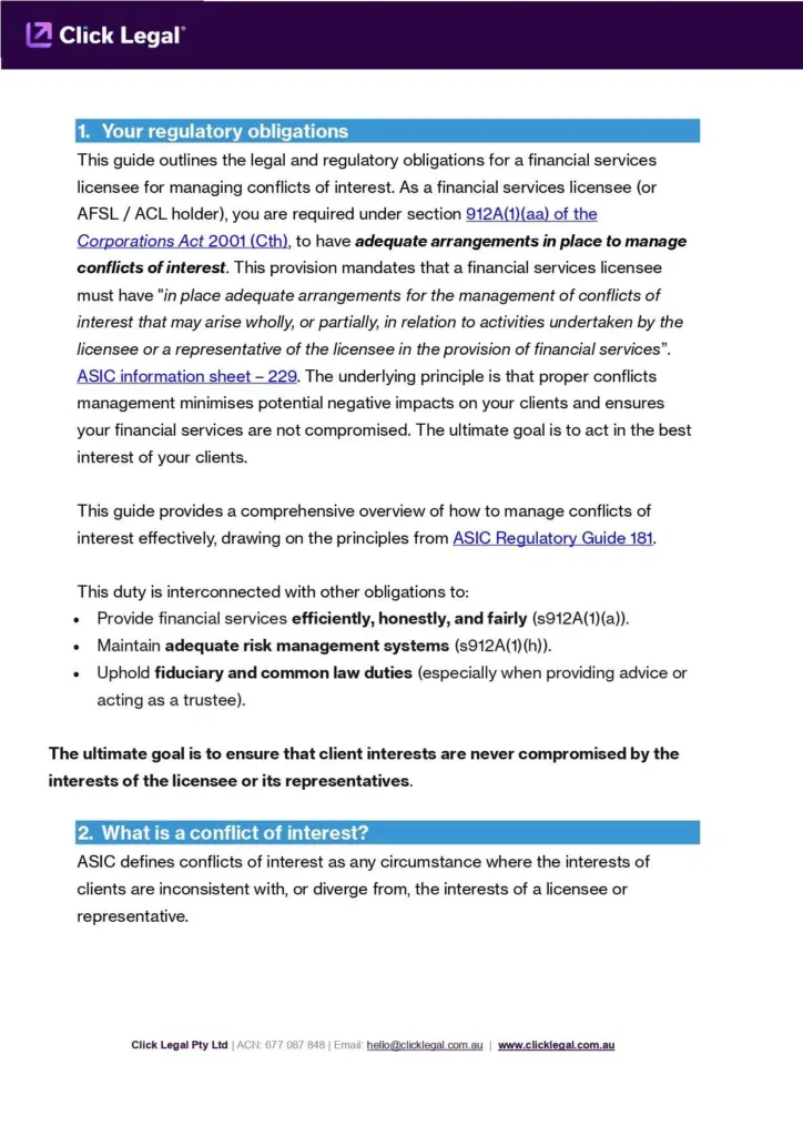 Page 2 Of Conflicts Of Interest Management Guide For AFSL ACL Holders By Click Legal