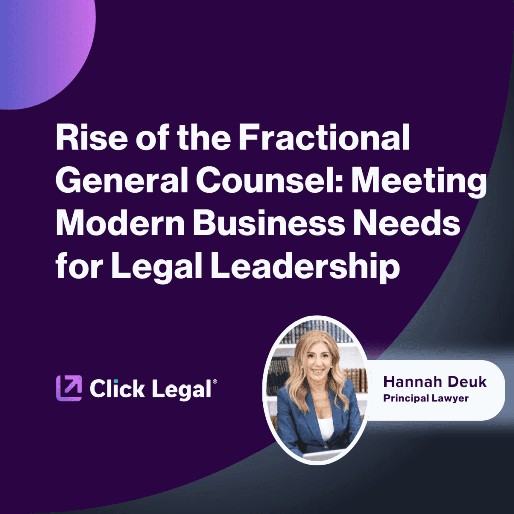 Image promoting fractional general counsel services with Hannah Deuk, Principal Lawyer at Click Legal.