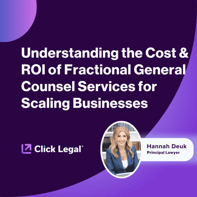 Click Legal graphic: Understanding the Cost & ROI of Fractional General Counsel Services. Hannah Deuk, Principal Lawyer.