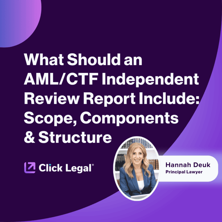 AML/CTF Independent Review Report graphic featuring Hannah Deuk, Principal Lawyer at Click Legal.