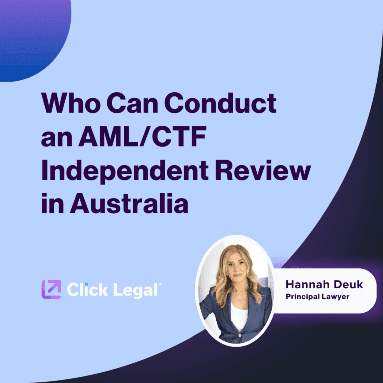 AML/CTF Independent Review in Australia graphic featuring Hannah Deuk, Principal Lawyer at Click Legal.