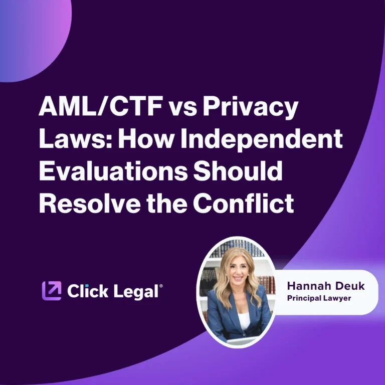 AML/CTF vs Privacy Laws blog graphic with Hannah Deuk, Principal Lawyer at Click Legal.