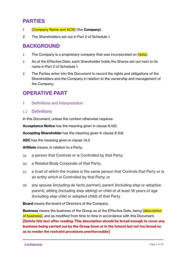 Legal agreement snippet showing parties, background, operative part, and definitions, highlighting business description.