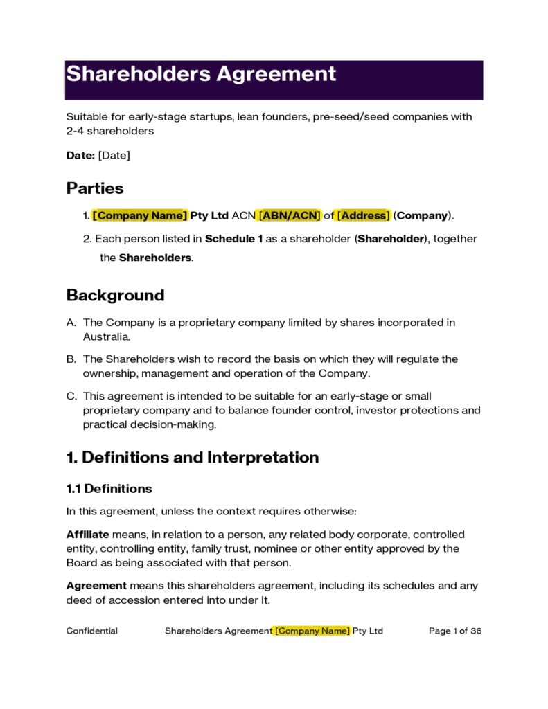 Shareholders Agreement template for Australian startups. Text includes: 'Shareholders Agreement', 'Parties', and 'Definitions'.