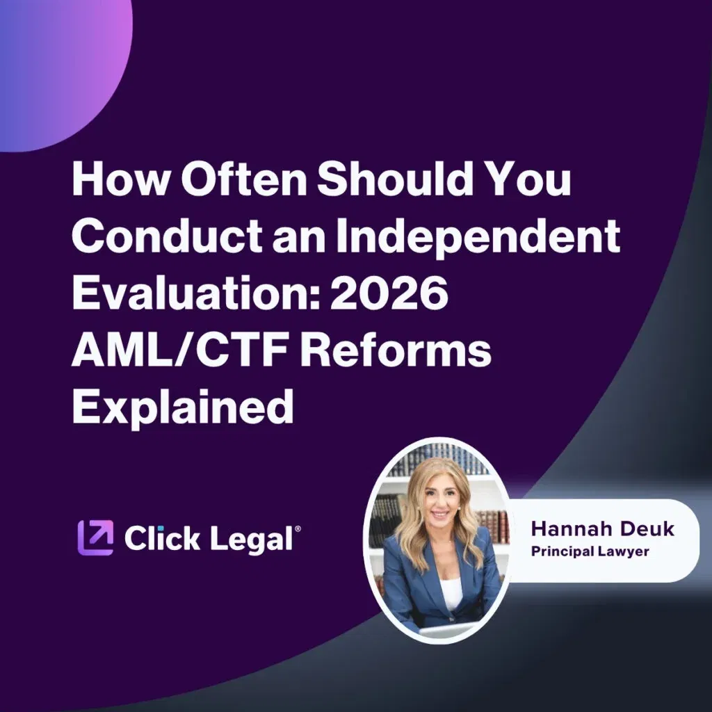 Image promoting an article on independent AML/CTF evaluations for 2026 reforms, featuring Hannah Deuk, Principal Lawyer at Click Legal.