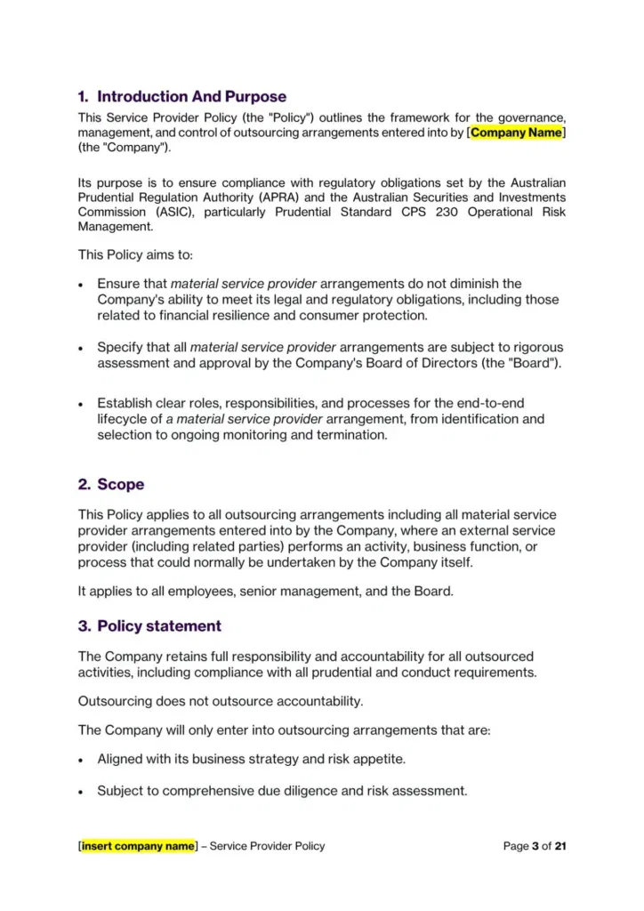 Service Provider Policy document outlining governance and outsourcing management from Service Provider (Outsourcing) Policy Template by Click Legal
