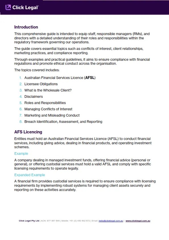 Page 2 of Free Compliance Guide for AFSL Holders by Click Legal