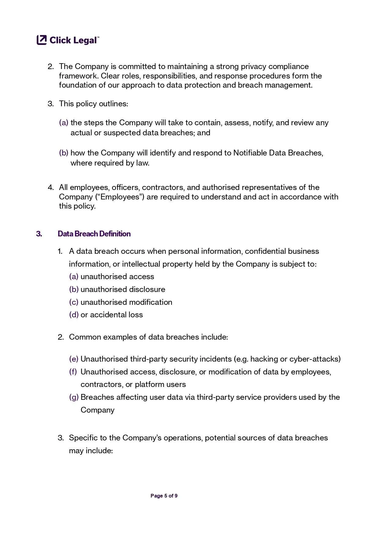 Data Breach Response Policy Template by Click Legal: Privacy compliance for businesses.