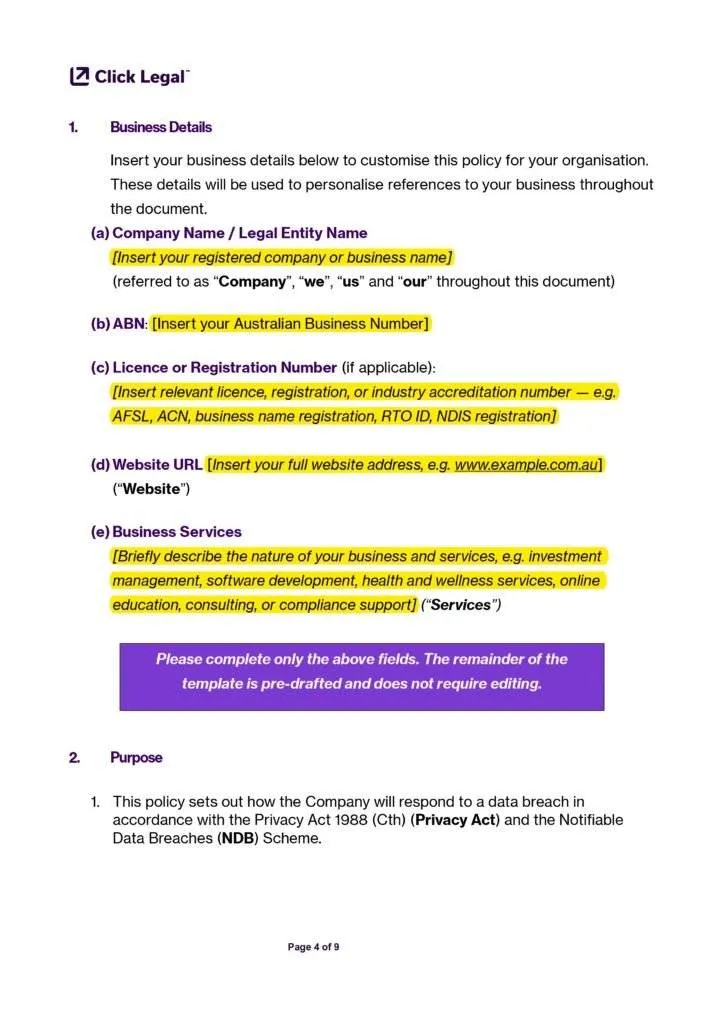 SME Data Breach Response Policy Template (Australia): Customisable document for business data breach response.