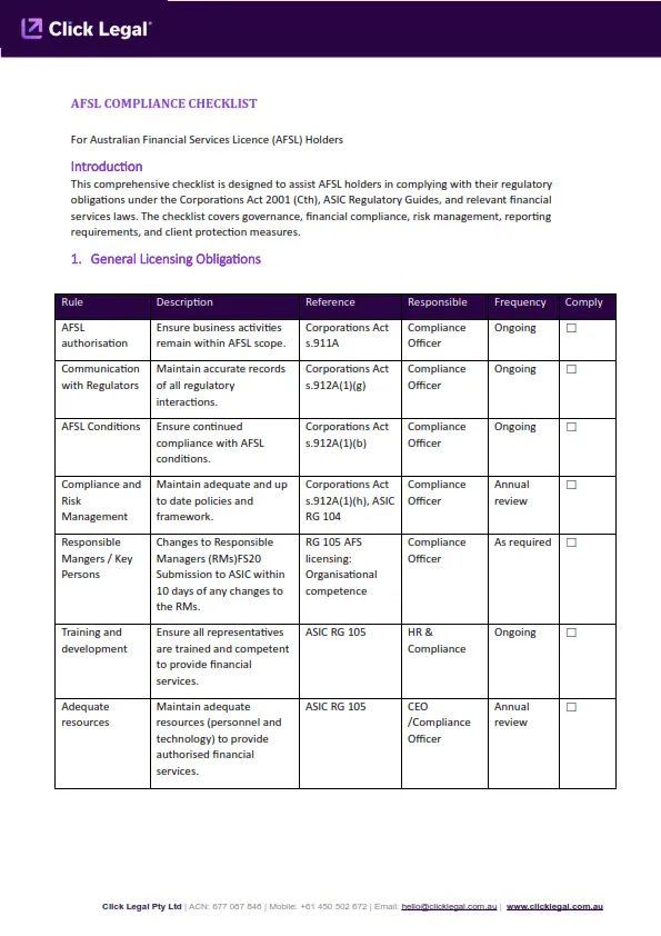 Page 1 of AFSL Compliance Checklist by Click Legal