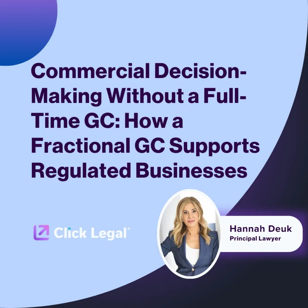 Click Legal image: Fractional GC supports regulated businesses. Hannah Deuk, Principal Lawyer.