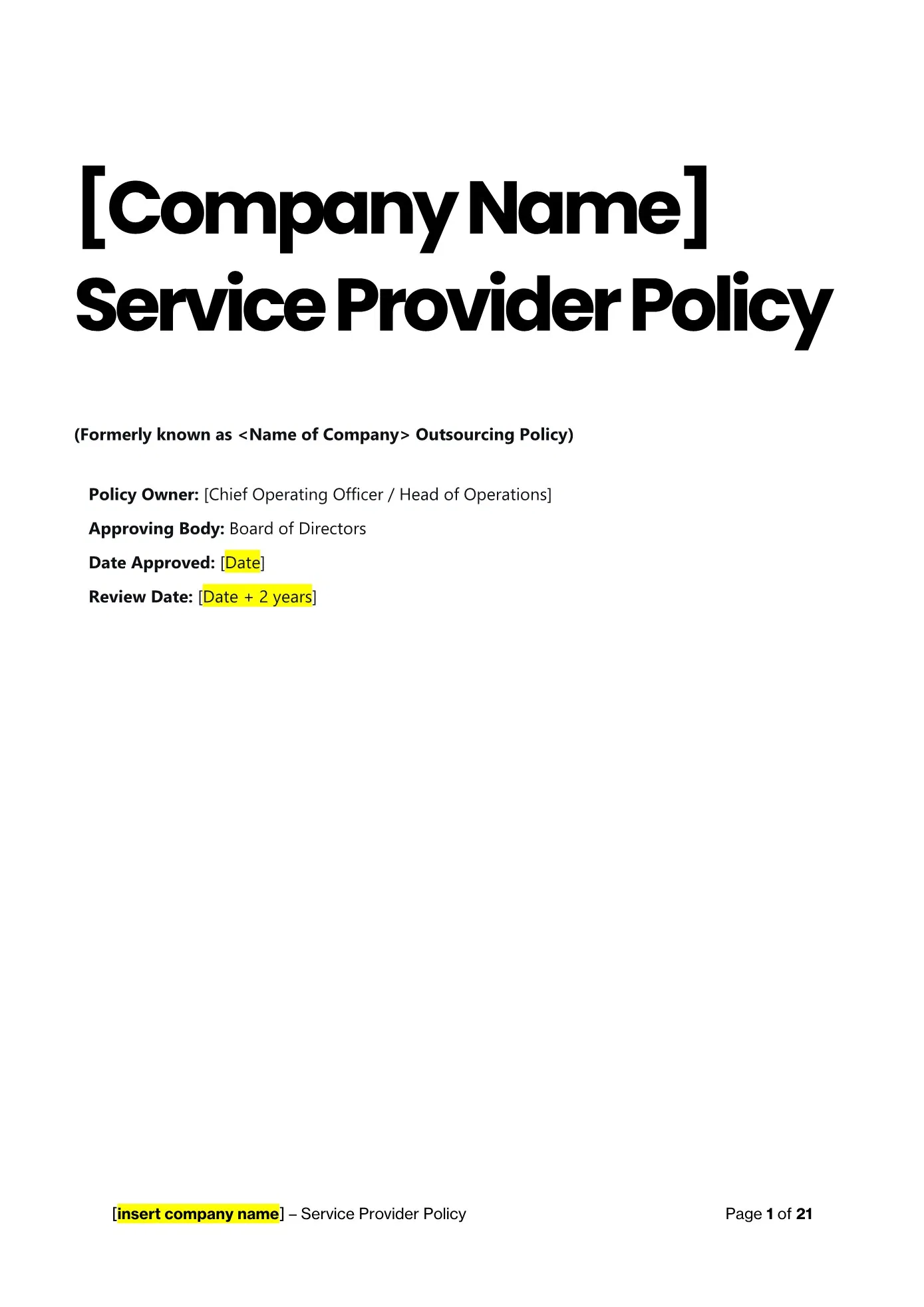 Cover page of Service Provider (Outsourcing) Policy Template by Click Legal