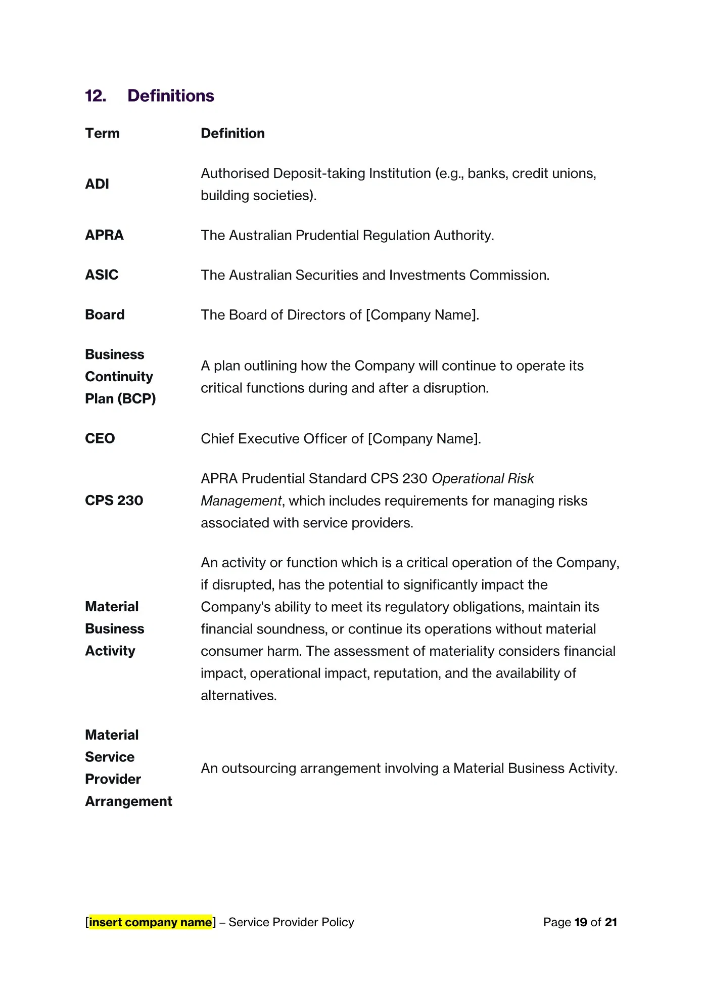 Definitions of terms like ADI, APRA, ASIC, Board, and Business Continuity Plan (BCP) from Service Provider (Outsourcing) Policy Template by Click Legal