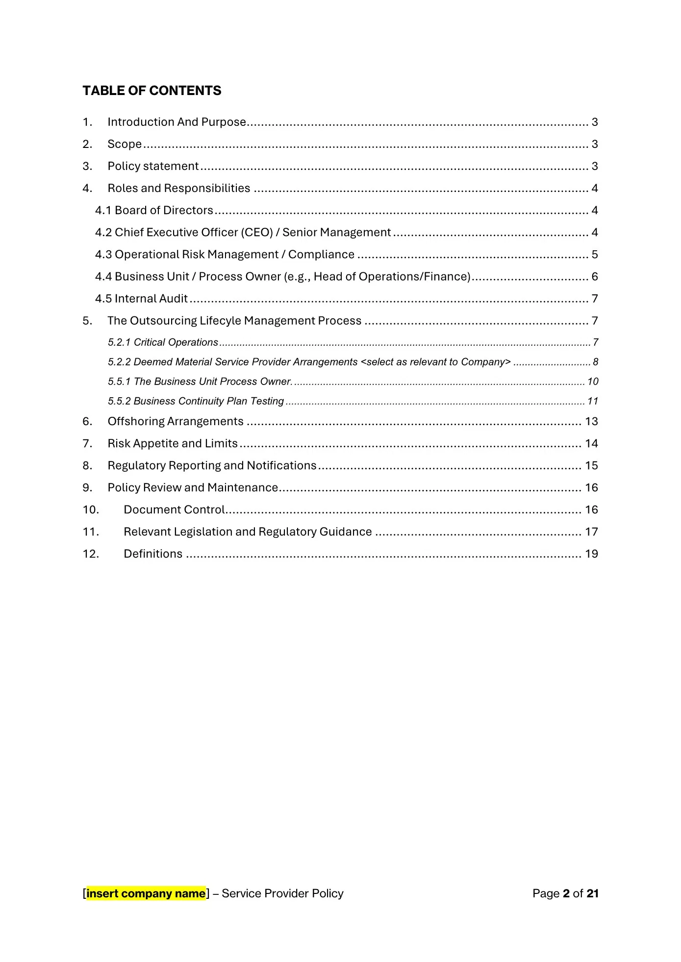 Table of contents outlining key sections like risk management and regulatory guidance from Service Provider (Outsourcing) Policy Template by Click Legal