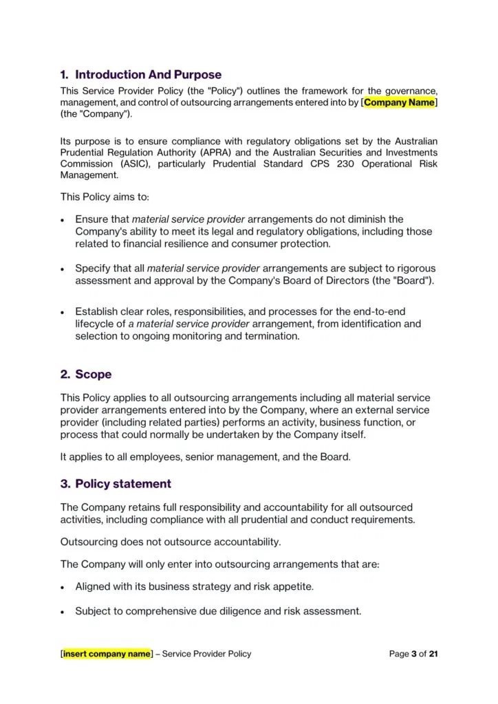 Service Provider Policy document outlining governance and outsourcing management from Service Provider (Outsourcing) Policy Template by Click Legal