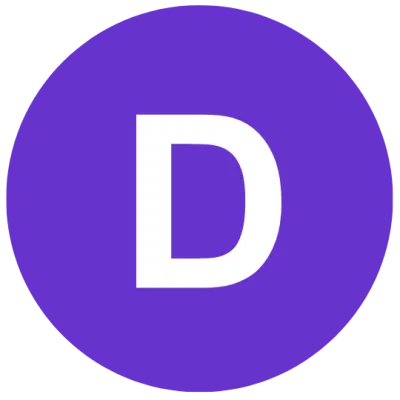 Purple circle with white letter D.