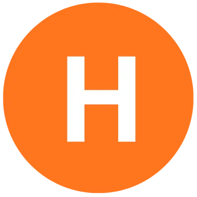 Orange circle with white letter H.
